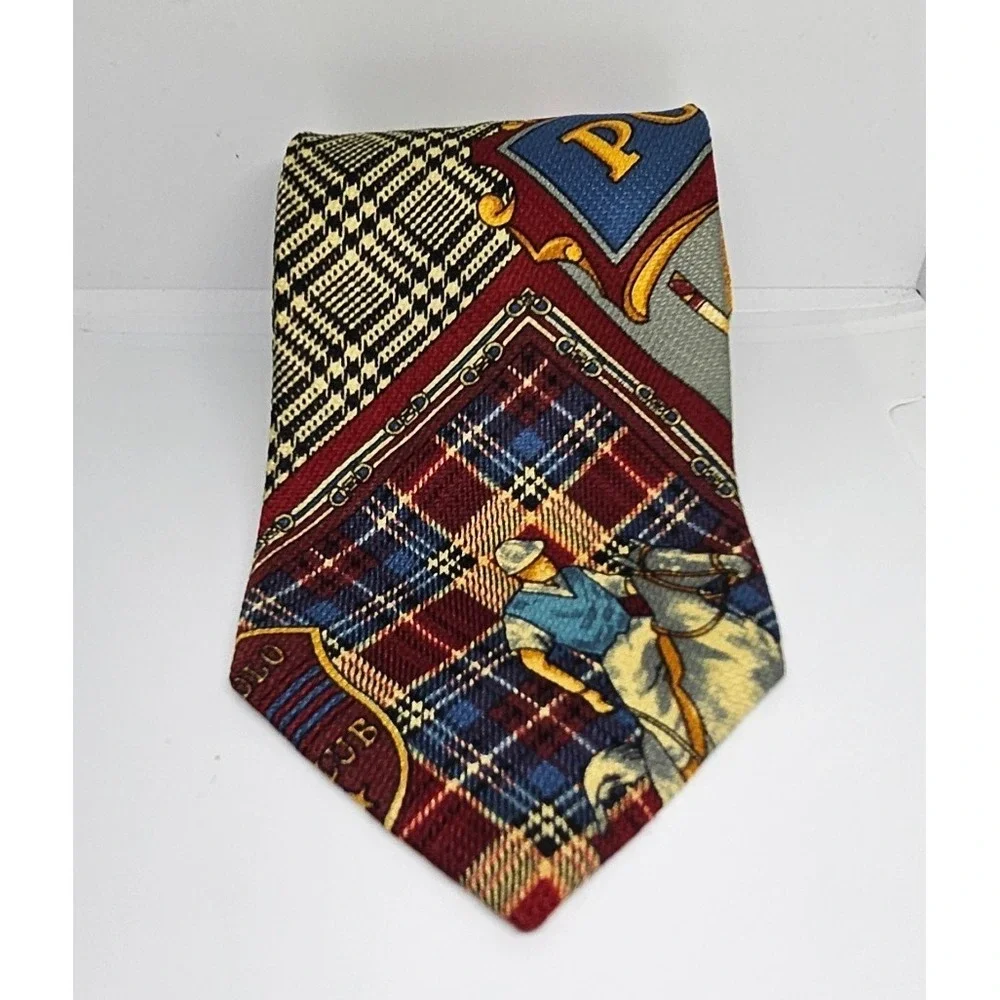 Vintage Plaid Polo Equestrian Tie Horse Paolo Rossi Italian Designer Red Blue